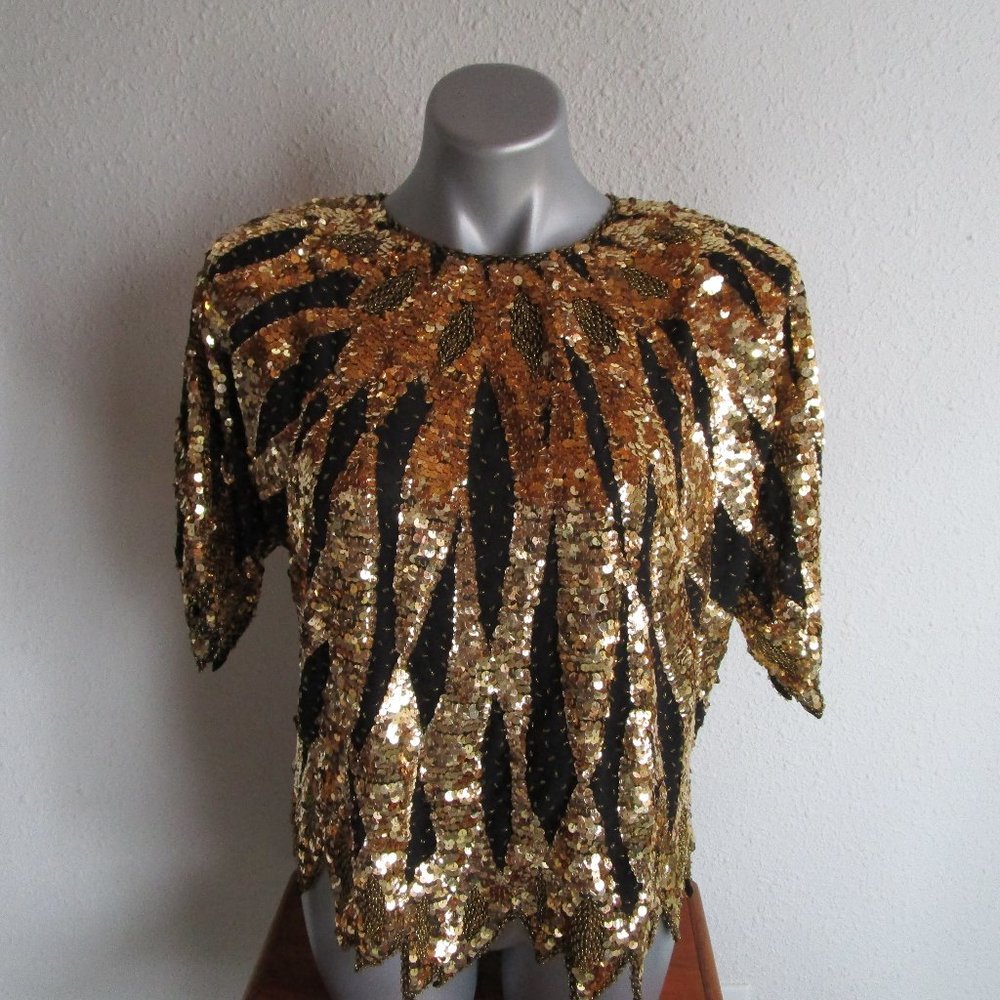 Gold sequin on silk blouse. Large Handmade Hong Kong 1980s shoulderpads